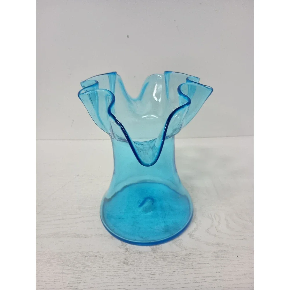 VTG Rainbow Kanawha Blue Glass Vase Ruffle Edge Hand Blown Mid Century Modern - Picture 4 of 10